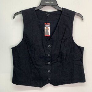 Express Women's Vest XL Classic Fit V-Neck Button Up Linen Vest Black Size XL